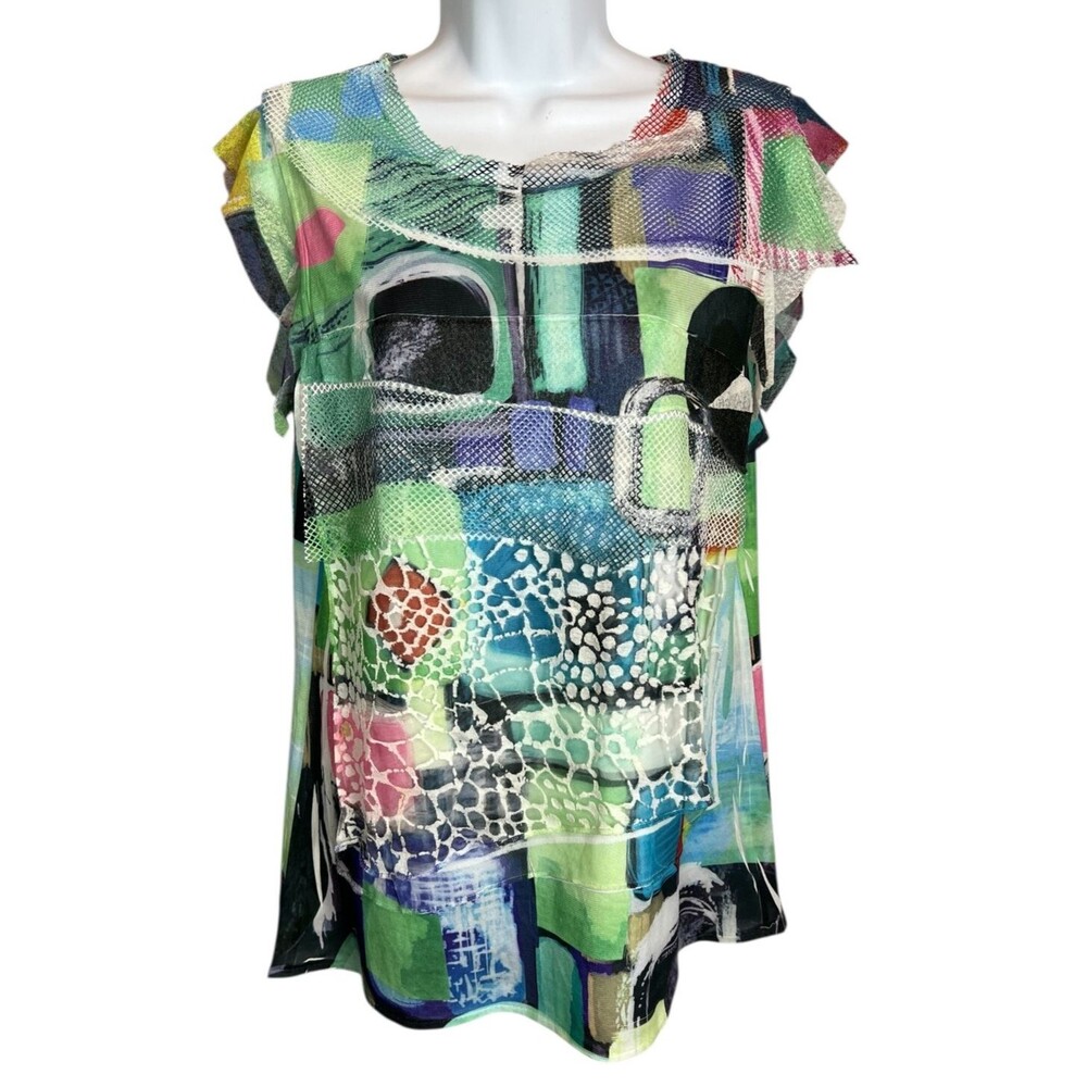 Impulse California Mixed Media Abstract Print Wearable Art Tiered Top Size S